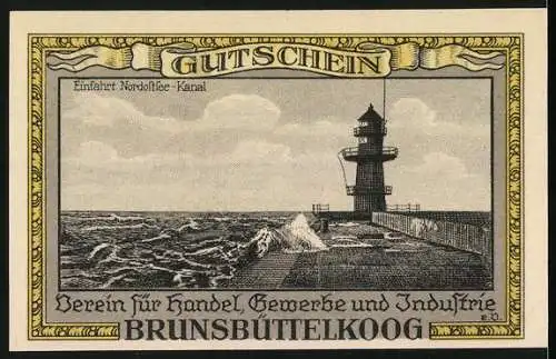 Notgeld Brunsbüttelkoog, 1922, 25 Pfennig, Vereinsmitglied Einlösung, Nordsee-Kanal und Leuchtturm