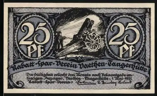 Notgeld Vaethen-Tangerhütte 1921, 25 Pf, Kanone und Truppen auf dem Schiessplatz