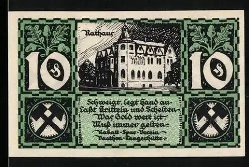 Notgeld Vaethen-Tangerhütte 1921, 10 Pfennig, Rathaus und Volksschule, grün-schwarz gestaltet, Tabak-Spar-Verein Ausgabe