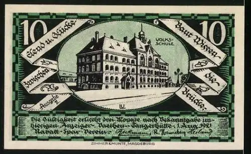 Notgeld Vaethen-Tangerhütte 1921, 10 Pfennig, Rathaus und Volksschule, grün-schwarz gestaltet, Tabak-Spar-Verein Ausgabe