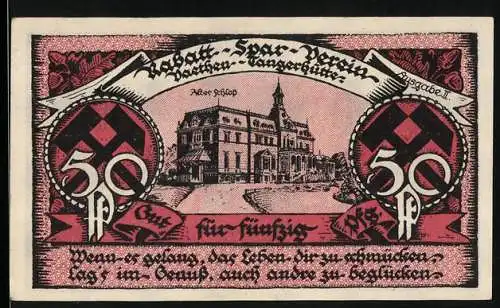 Notgeld Vaethen-Tangerhütte 1921, 50 Pfennig, Gebäude mit Spruch, Arbeitern