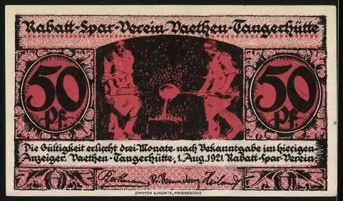 Notgeld Vaethen-Tangerhütte 1921, 50 Pfennig, Gebäude mit Spruch, Arbeitern