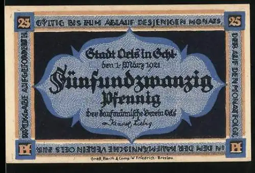 Notgeld Oels, 1921, 25 Pfennig, Stadtszene und kunstvolles Design in Blau und Schwarz