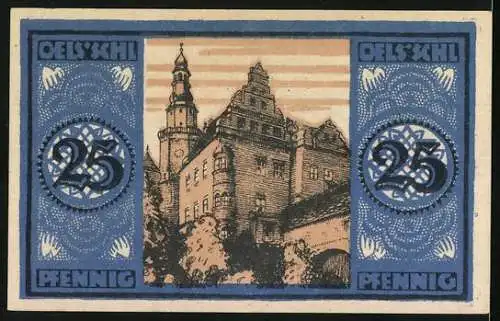 Notgeld Oels, 1921, 25 Pfennig, Stadtszene und kunstvolles Design in Blau und Schwarz