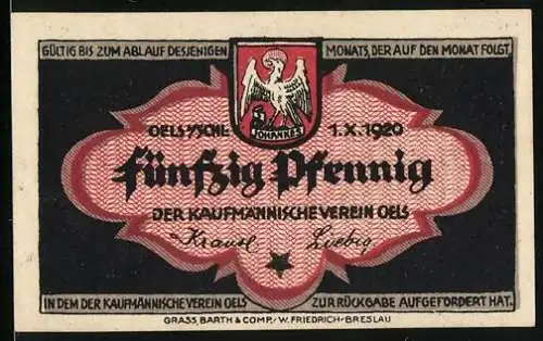 Notgeld Oels, 1920, 50 Pfennig, Kaufmännischer Verein Oels mit Stadtwappen und Gebäudeabbildung