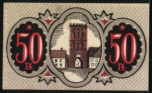 Notgeld Oels, 1920, 50 Pfennig, Kaufmännischer Verein Oels mit Stadtwappen und Gebäudeabbildung