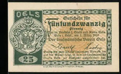 Notgeld Oels, 1920, 25 Pfennig, Gutschein für 25 Pfennig mit Löwenwappen und Unterschriften, Ornamentmuster