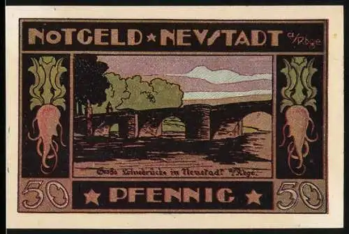 Notgeld Neustadt 1921, 50 Pfennig, Brücke und Landschaft mit Schloss und Wappen