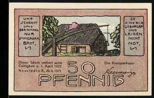 Notgeld Neustadt 1921, 50 Pfennig, Gebäude mit Reetdach und Wassermühle, Kreissparkasse