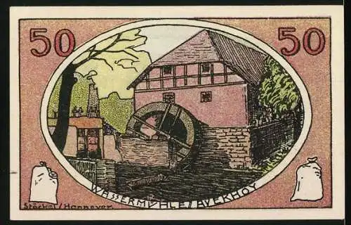 Notgeld Neustadt 1921, 50 Pfennig, Gebäude mit Reetdach und Wassermühle, Kreissparkasse