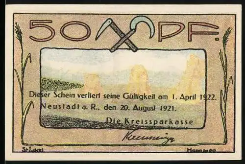 Notgeld Neustadt 1921, 50 Pf, Landwirtschaft und Industrie-Illustration