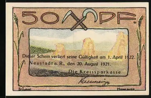 Notgeld Neustadt, 1921, 50 Pf., mit landwirtschaftlichem Motiv und Abbildung von Industriegebäuden