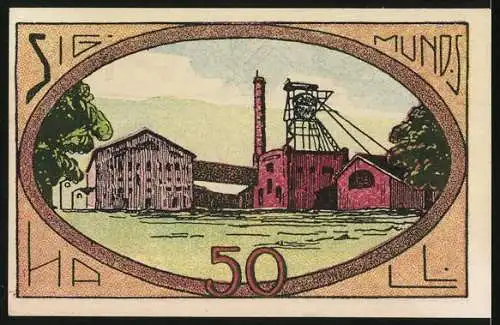 Notgeld Neustadt, 1921, 50 Pf., mit landwirtschaftlichem Motiv und Abbildung von Industriegebäuden