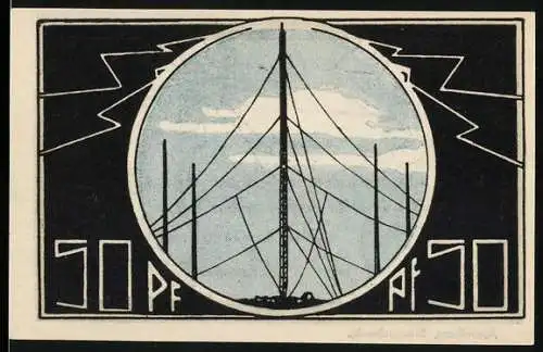 Notgeld Neustadt, 1921, 50 Pf, Sendeturm und Weltkarte, gültig bis 1. April 1922