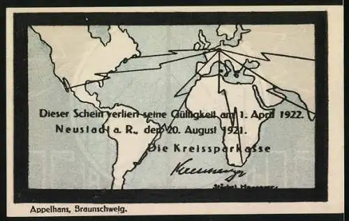 Notgeld Neustadt, 1921, 50 Pf, Sendeturm und Weltkarte, gültig bis 1. April 1922