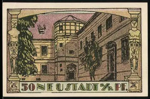 Notgeld Neustadt a. Rbge, 1921, 50 Pf, Gebäude und Bäume, Gültigkeit bis 1922