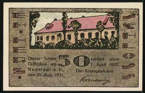 Notgeld Neustadt a. Rbge, 1921, 50 Pf, Gebäude und Bäume, Gültigkeit bis 1922