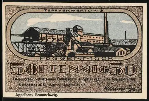 Notgeld Neustadt a. Rbge, 1921, 50 Pfennig, Torfverwertung und Stromleitungen