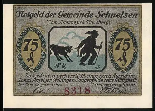 Notgeld Schnelsen, 1921, 75 Pfennig, Dorfansicht und Mann mit Kuh, Seriennummer 8318