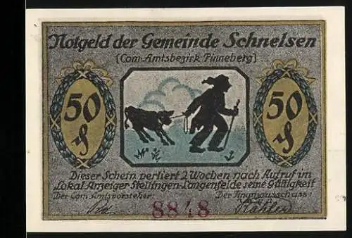 Notgeld Schnelsen, 50 Pf, Hirte und Kuh, Fabrik und Spruch, Nr. 8848