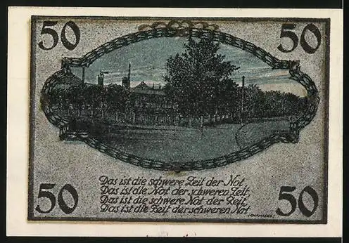 Notgeld Schnelsen, 50 Pf, Hirte und Kuh, Fabrik und Spruch, Nr. 8848