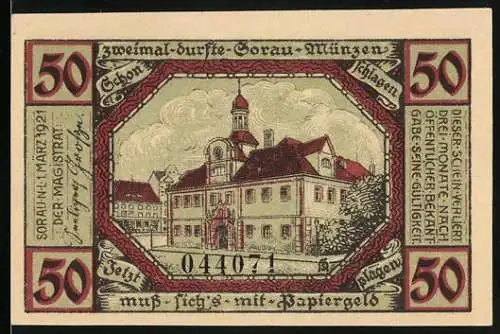 Notgeld Sorau 1921, 50 Pfennig, Stadtansicht und Wappen mit Hirsch und Löwe