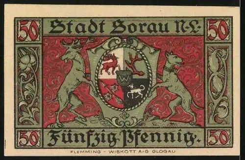 Notgeld Sorau 1921, 50 Pfennig, Stadtansicht und Wappen mit Hirsch und Löwe