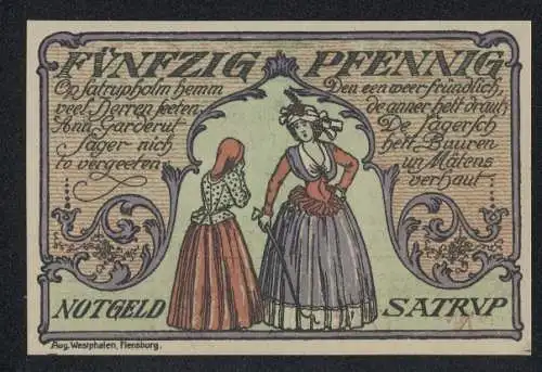 Notgeld Satrup, 50 Pfennig, Frauen in traditioneller Kleidung und Stadtansicht mit Wappen