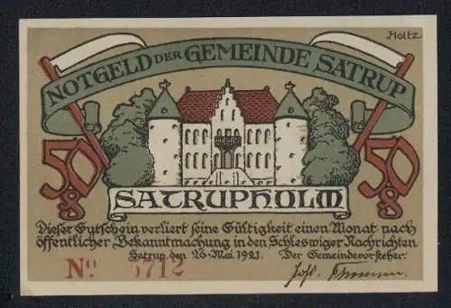 Notgeld Satrup, 50 Pfennig, Frauen in traditioneller Kleidung und Stadtansicht mit Wappen