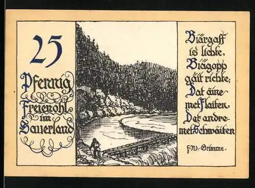 Notgeld Freienohl im Sauerland, 25 Pfennig, Landschaftsabbildung mit Gedicht von F.W. Grimme