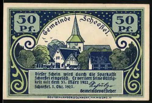 Notgeld Scheessel, 1921, 50 Pf, Gemeindemotiv mit Kirche und Scheesseler Braut