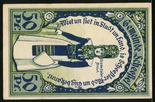 Notgeld Scheessel, 1921, 50 Pf, Gemeindemotiv mit Kirche und Scheesseler Braut