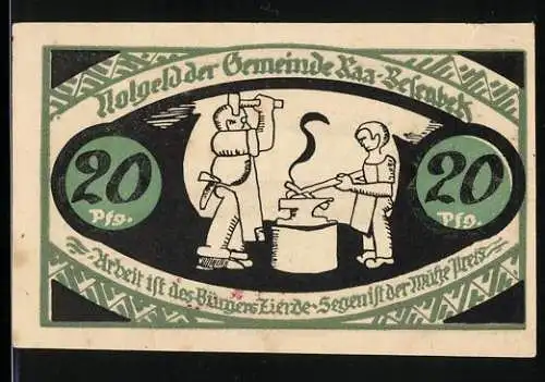 Notgeld Raa-Besenbek 1921, 20 Pfennig, zwei Schmiede bei der Arbeit, grün und schwarz