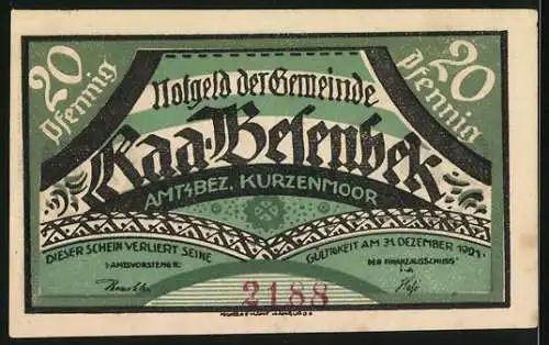 Notgeld Raa-Besenbek 1921, 20 Pfennig, zwei Schmiede bei der Arbeit, grün und schwarz