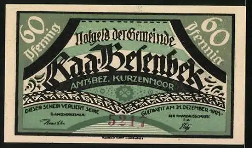 Notgeld Raa-Besenbek, 1921, 60 Pfennig, Bauer mit Pflug und Schriftzug Arbeit ist des Bürgers Zierde - Segen ist ...