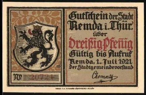 Notgeld Remda, 1921, 30 Pfennig, Löwenwappen und Stadtansicht Das alte Remda