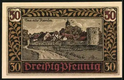 Notgeld Remda, 1921, 30 Pfennig, Löwenwappen und Stadtansicht Das alte Remda