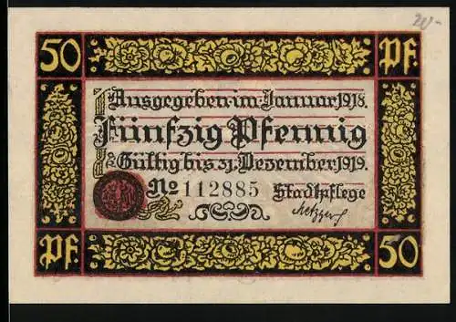 Notgeld Rottweil 1918, 50 Pfennig, Ausgabe im Januar 1918, Gültig bis 31. Dezember 1919, mit Adler und Stadtwappen