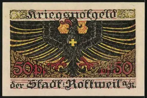 Notgeld Rottweil 1918, 50 Pfennig, Ausgabe im Januar 1918, Gültig bis 31. Dezember 1919, mit Adler und Stadtwappen