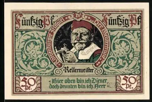 Notgeld Rothenburg ob der Tauber, 1921, 50 Pf, Kellermeister-Porträt und Stadtwappen, gültig bis 31.12.1921