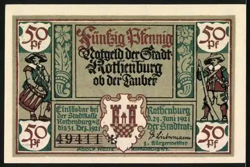 Notgeld Rothenburg ob der Tauber, 1921, 50 Pf, Kellermeister-Porträt und Stadtwappen, gültig bis 31.12.1921