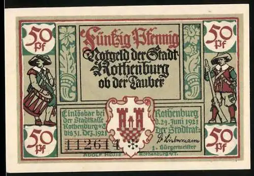 Notgeld Rothenburg ob der Tauber, 1921, 50 Pfennig, farbenfrohe Darstellung von Soldaten und dem Stadtwappen