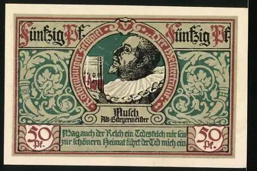 Notgeld Rothenburg ob der Tauber, 1921, 50 Pfennig, farbenfrohe Darstellung von Soldaten und dem Stadtwappen