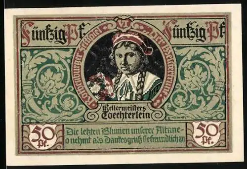 Notgeld Rothenburg ob der Tauber, 1921, 50 Pf, Kellermeisters Toechterlein und Stadtwappen, einlösbar bis 31. Dez. 1921