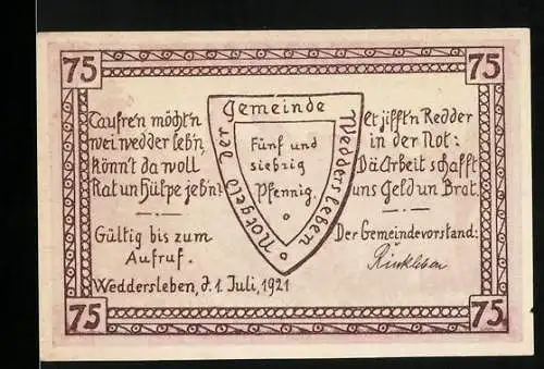 Notgeld Weddersleben, 1921, 75 Pfennig, Vorderseite Inschrift mit Wappen und Rückseite Teufelsmauer