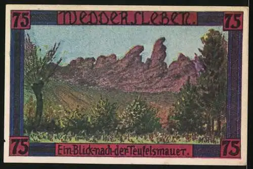 Notgeld Weddersleben, 1921, 75 Pfennig, Vorderseite Inschrift mit Wappen und Rückseite Teufelsmauer