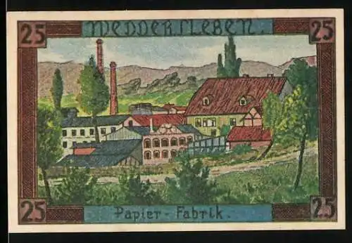 Notgeld Weddersleben, 1921, 25 Pfennig, Papier-Fabrik mit Text und Wappen