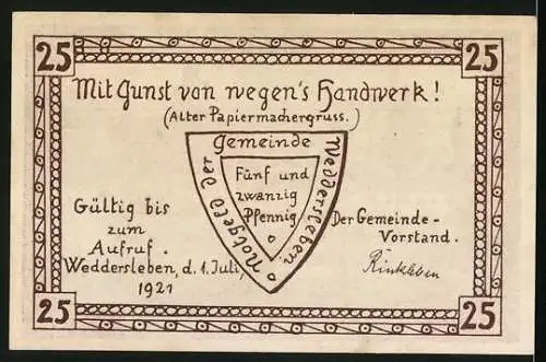 Notgeld Weddersleben, 1921, 25 Pfennig, Papier-Fabrik mit Text und Wappen