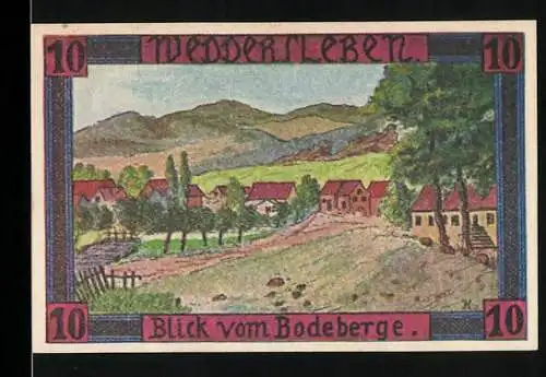 Notgeld Weddersleben, 1921, 10 Pfennig, Blick vom Bodeberge und Gemeindewappen