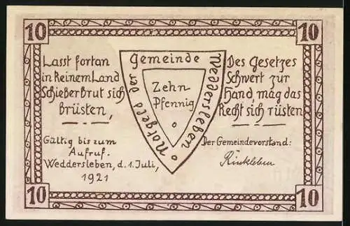 Notgeld Weddersleben, 1921, 10 Pfennig, Blick vom Bodeberge und Gemeindewappen